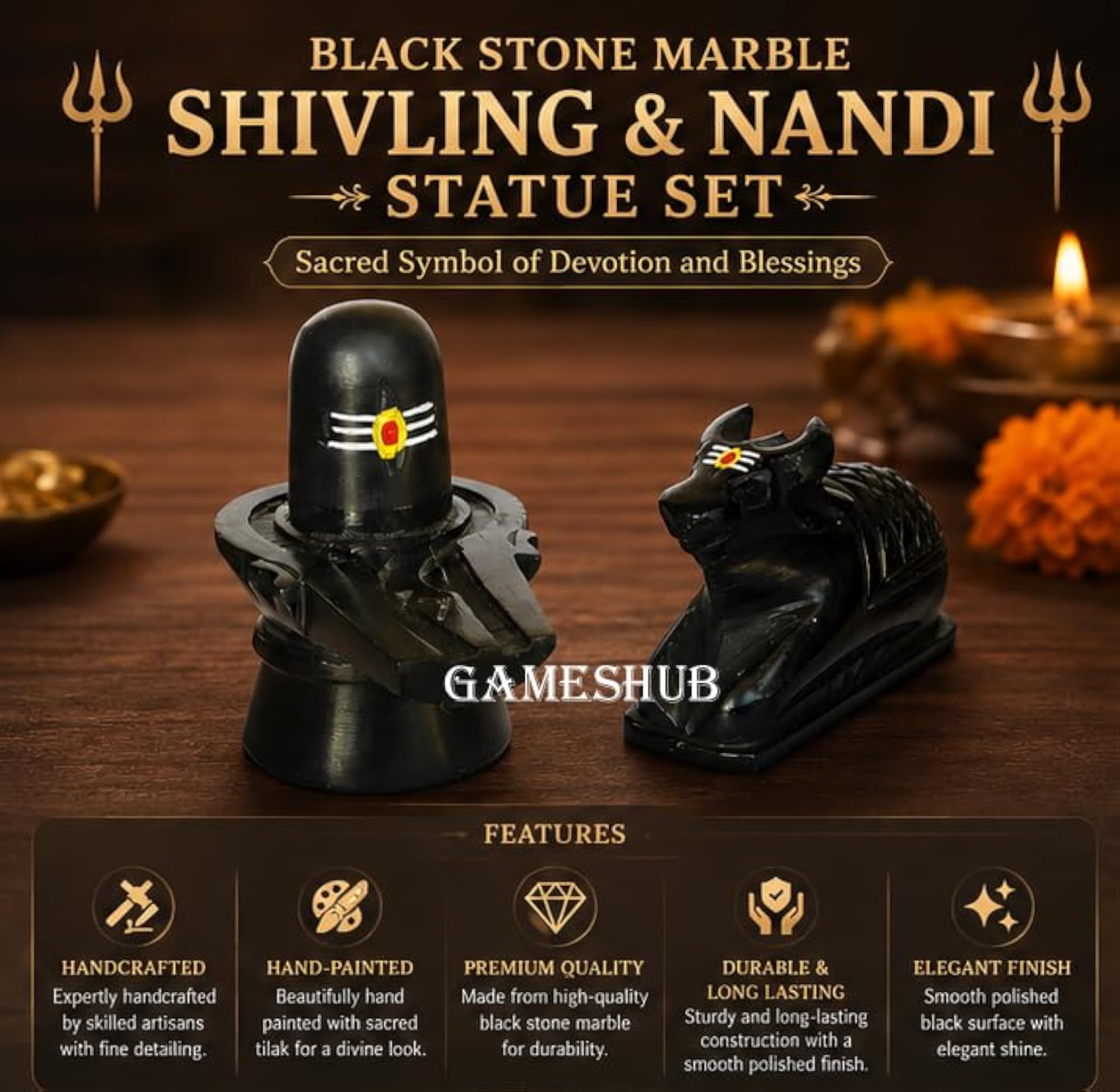 Stone Shivling with Nandi Idol, Handcrafted & Hand Painted